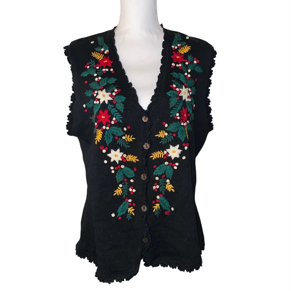 Westbound Womens Holiday Christmas Black Vest Ugly Sweater embroidered Large